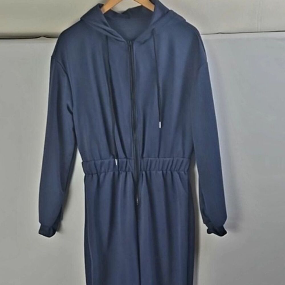 Navy Blue Hooded Zip-Front Jumpsuit Sz M Workout Athleisure Cozy Casual